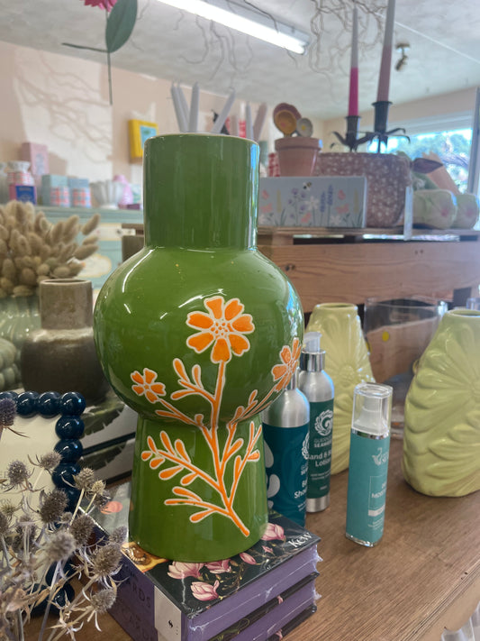 Green Vase with Orange Flower