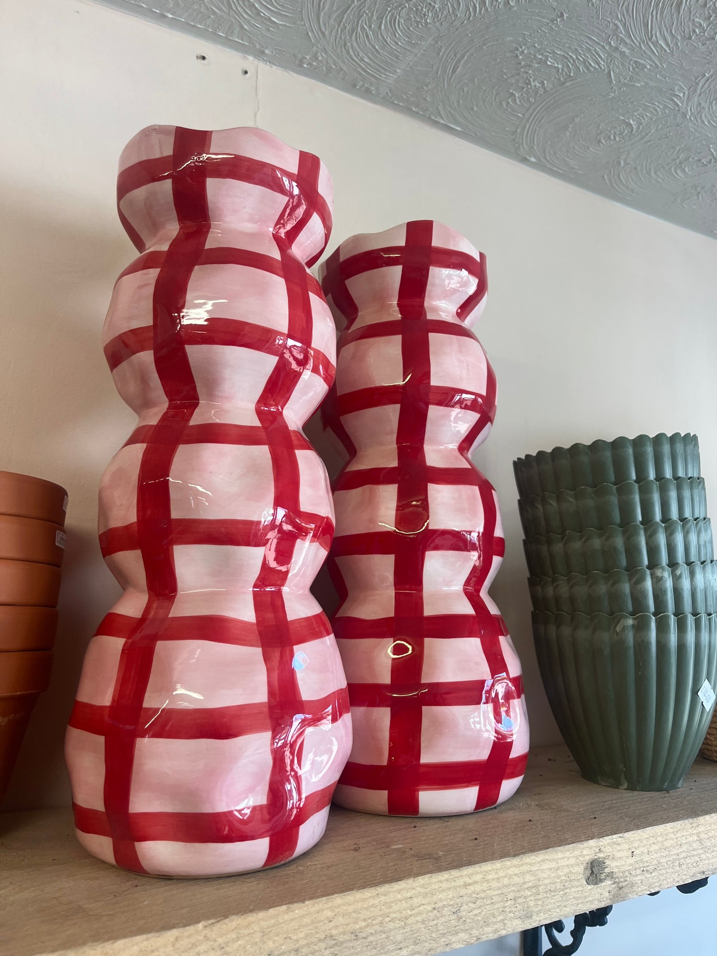Pink and Red Checked Vases